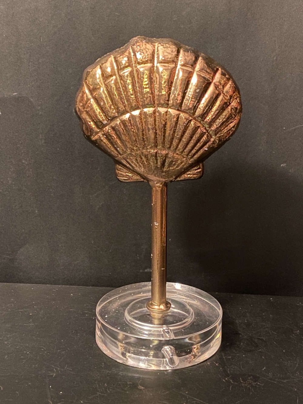 Brass Shell Decorative Accent Post on Clear Acrylic Disc Base - Gold Tone